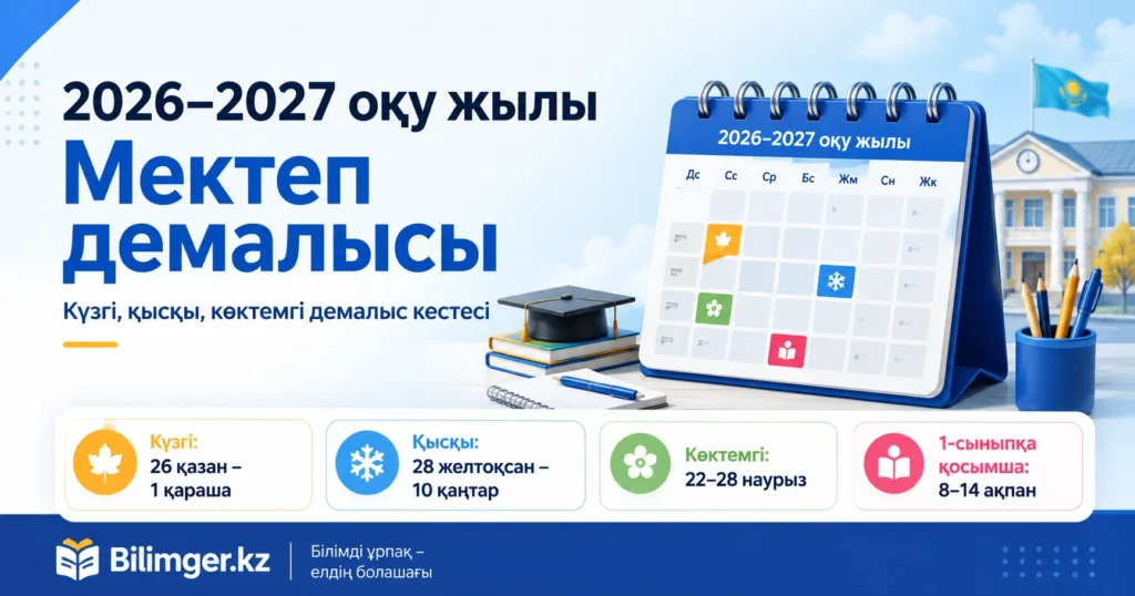 2026–2027 оқу жылындағы мектеп оқушыларының демалыс күндері мен тоқсан мерзімдері белгілі болды.