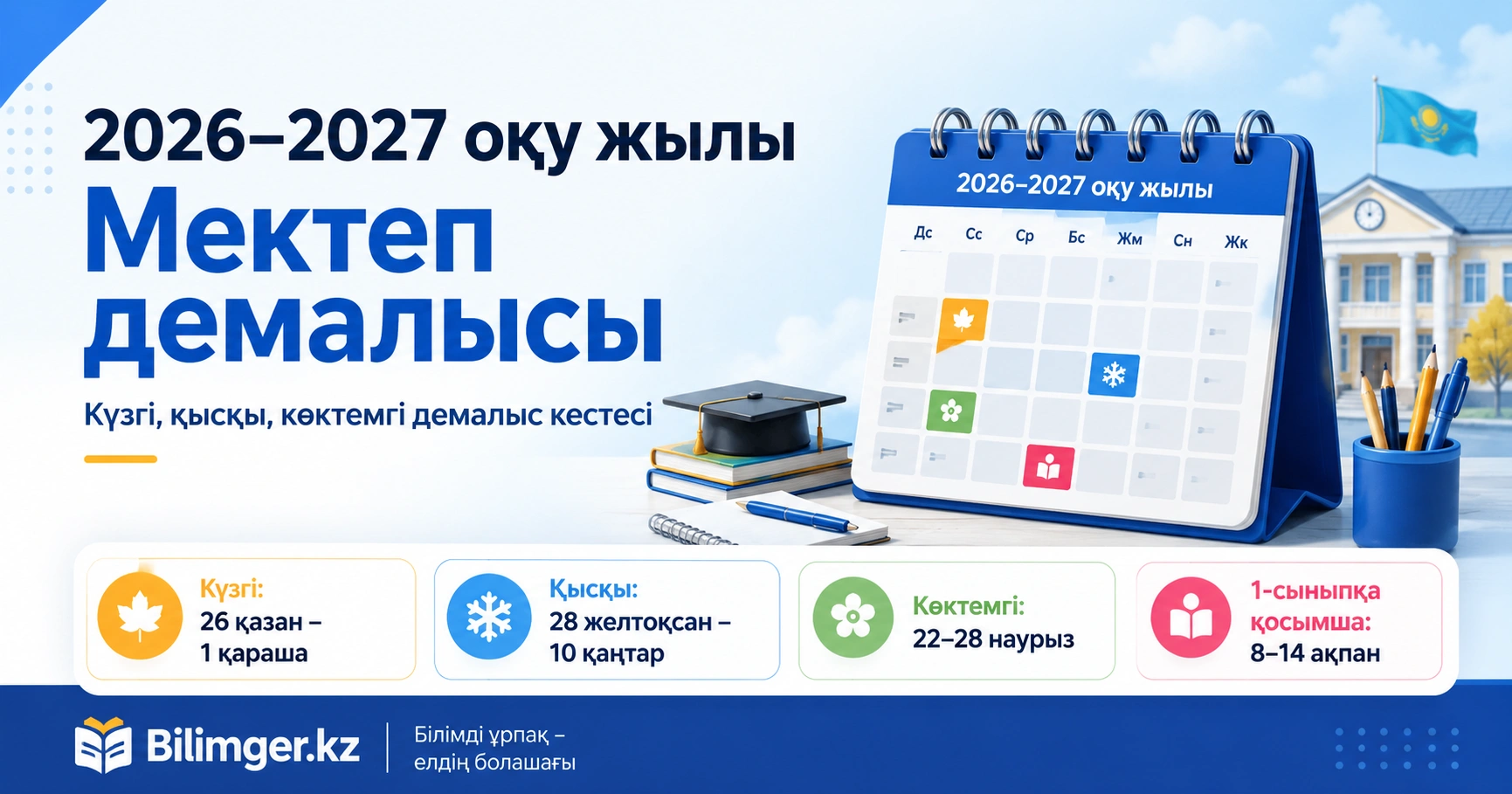 2026–2027 оқу жылындағы мектеп оқушыларының демалыс күндері мен тоқсан мерзімдері белгілі болды.